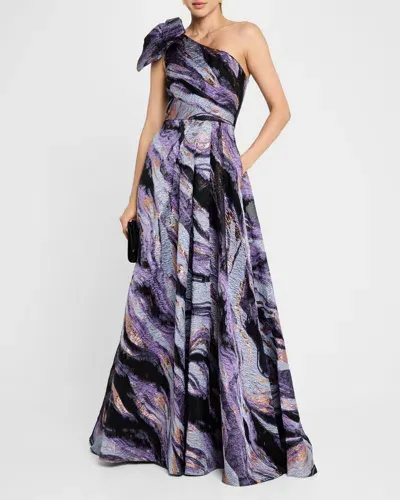 Jovani One-shoulder Metallic Jacquard Gown In Purpmult