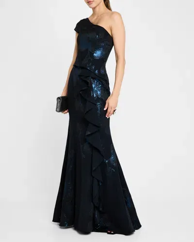 Jovani One-shoulder Ruffle Jacquard Gown In Navy