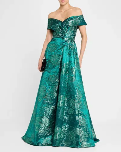 Jovani Pleated Off-shoulder Jacquard Gown In Green