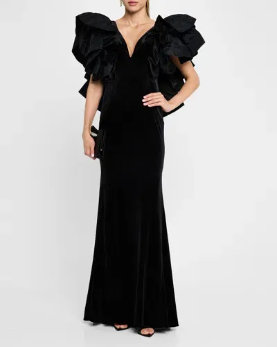 Jovani Ruffle Velvet Column Gown In Black