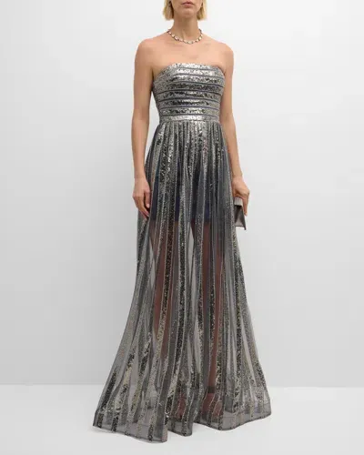 Jovani Strapless Sequin Striped Gown In Gunmetal