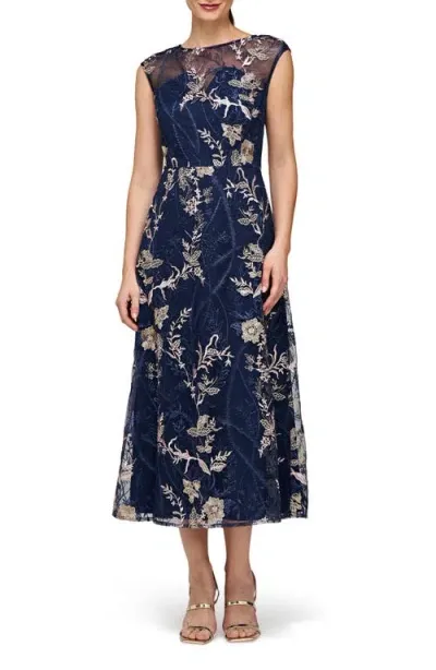 Js Collections Brynn Floral Embroidered Mesh Dress In Navy/blush