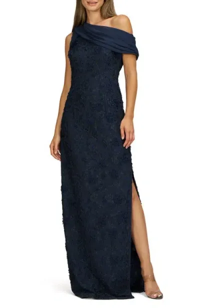 Js Collections Elodie Floral One-shoulder Cotton Blend Gown In Deep Navy