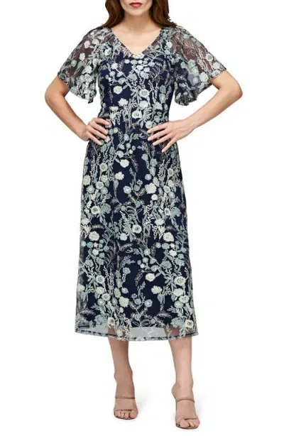 Js Collections Elsie Floral Embroidered Midi Dress In Navy/sage