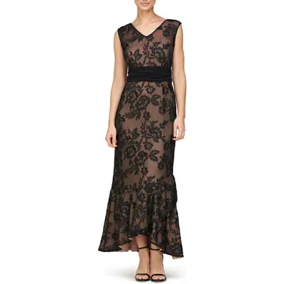 Js Collections Emily Mesh High-low Gown In Black/beige