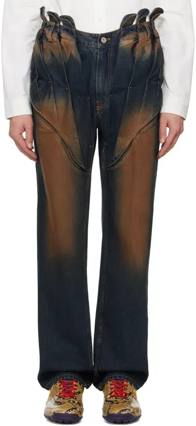 Juntae Kim Blue Gathered Corset Jeans In Blue/brown