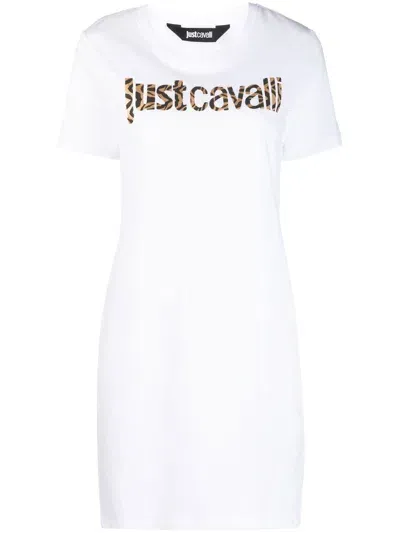 Just Cavalli Animal-print Logo T-shirt Dress In Weiss