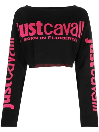 Just Cavalli Logo-embroidered Knitted Top In Black