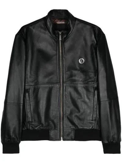 Just Cavalli Leather Bomber Jacket In Black