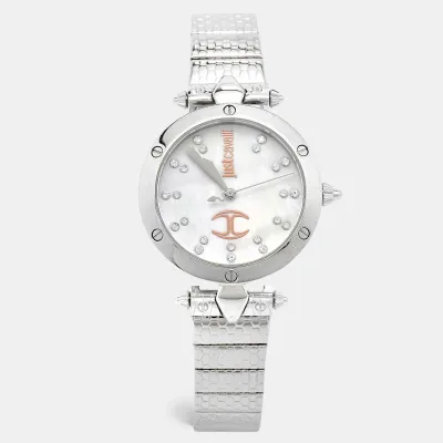 Pre-owned Just Cavalli Mother Of Pearl Stainless Steel Jc Logo Jc1l122m0055 Women's Wristwatch 36 Mm In Silver