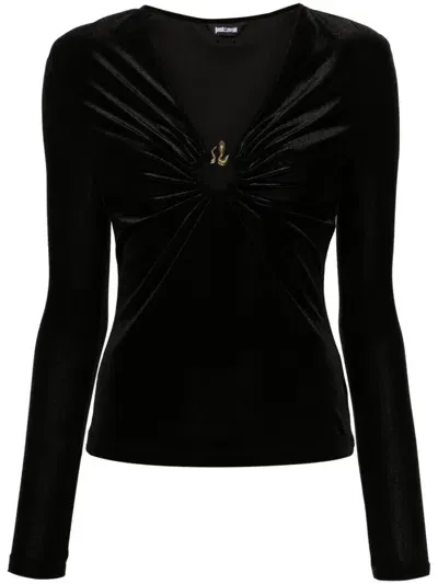 Just Cavalli Long Sleeve Top With Gathered Detail And Statement Hardware In Black