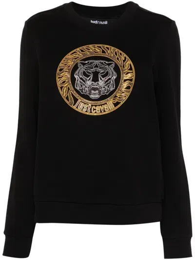 Just Cavalli Tiger Head Cotton Sweatshirt In Black