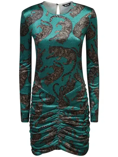 Just Cavalli Tiger-print Velvet Dress In Green