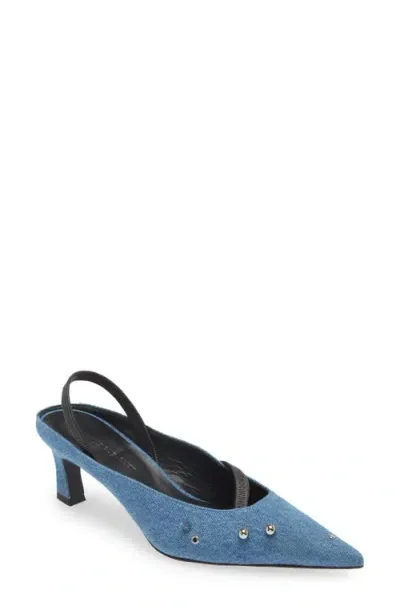 Justine Clenquet Joy Kitten Heel Pointed Toe Slingback Mule In Denim Blue