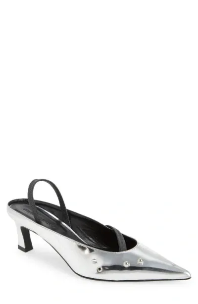 Justine Clenquet Joy Kitten Heel Pointed Toe Slingback Mule In Silver