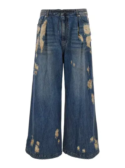 Juunj Oil Washed Distressed Wide Denim Pants In Blue