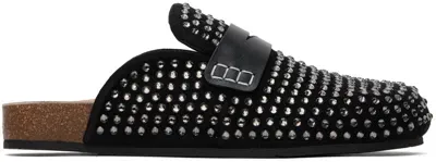 Jw Anderson Crystal-embellished Leather-trimmed Suede Slippers In Black