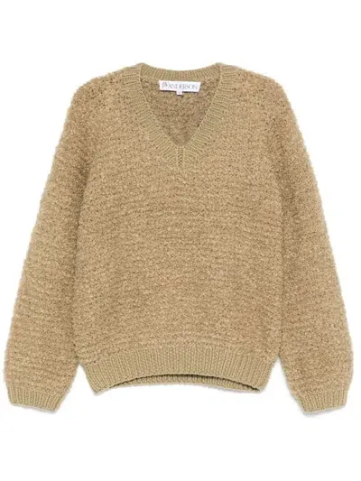 Jw Anderson Bouclé V-neck Sweater In Green