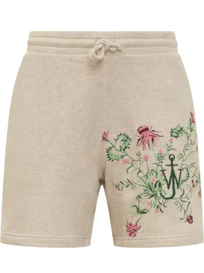 Jw Anderson Floral-embroidered Cotton Shorts In Neutrals