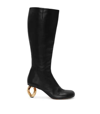 Jw Anderson Leather Chain-heel Knee-high Boots 75 In Black