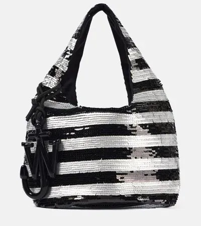 Jw Anderson Mini Striped Sequined Tote Bag In Black/silver