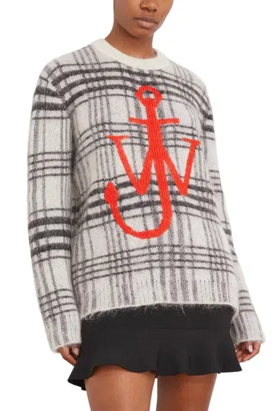 Jw Anderson Tartan Check Crewneck Jumper Top In White/black In Grey