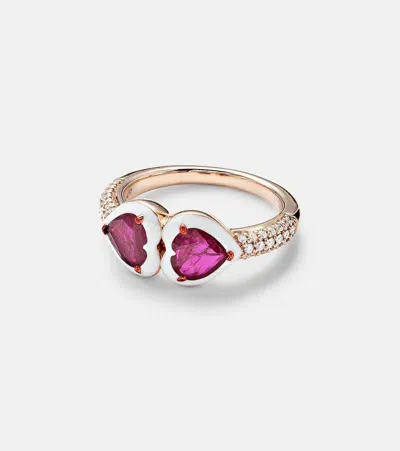 Kamyen 18kt Rose Gold Ring With Rubies And Diamonds In Pink