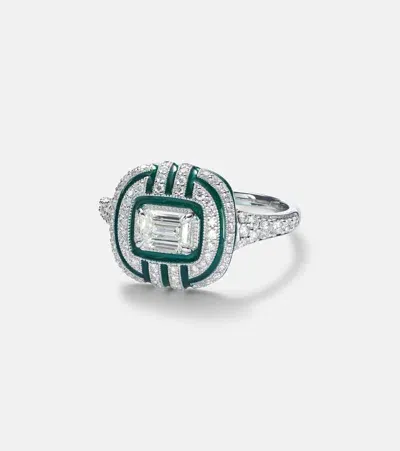 Kamyen 18kt White Gold And Enamel Ring With Diamonds In Silver