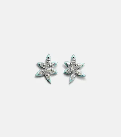 Kamyen Asymmetric Floral 18kt White Gold Earrings With Enamel And Diamonds In Green