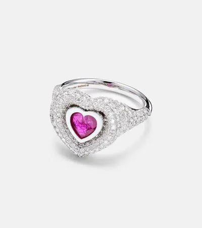 Kamyen Manaal 2.0 Heart 18kt White Gold Pinky Ring With Ruby And Diamonds In Silver