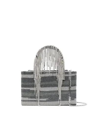 Kara Crystal Mesh Midi Crystal Fringe Tote Bags In Black