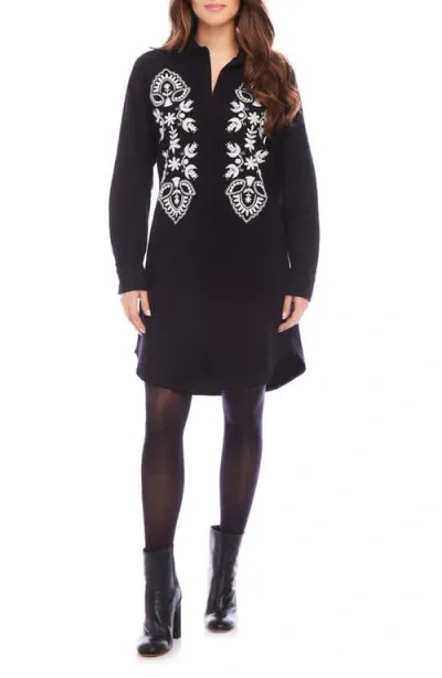 Karen Kane Embroidered Long Sleeve Cotton & Linen Shirtdress In Black