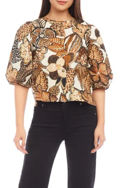 Karen Kane Floral Puff Sleeve Cotton Poplin Button-up Shirt In Print