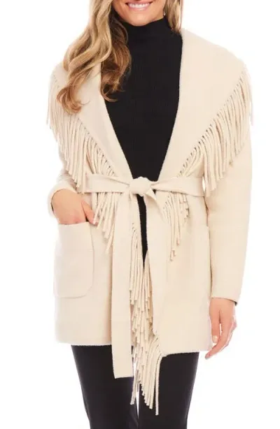 Karen Kane Fringe Trim Belted Sweater Coat In Beige