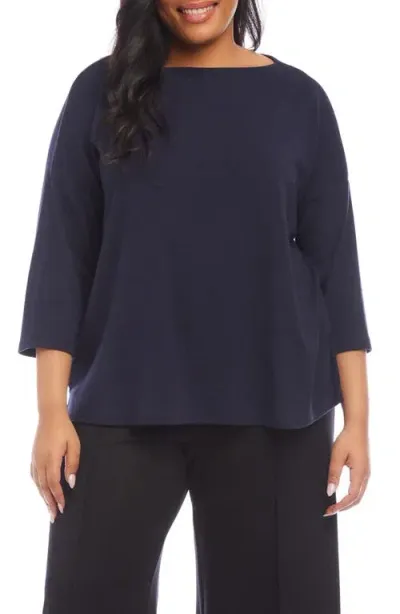 Karen Kane Plus Three Quarter Sleeve Boat Neck Top In Navy