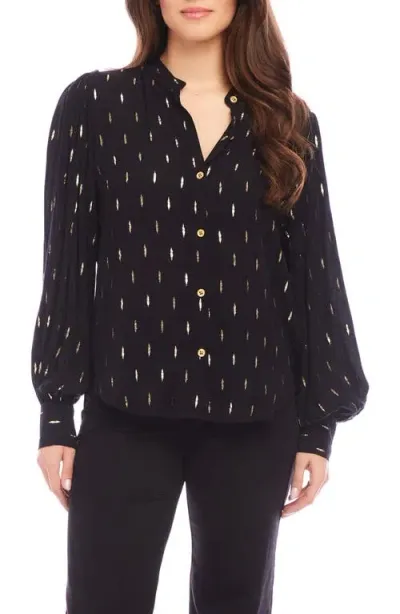 Karen Kane Metallic Print Button-up Shirt In Black