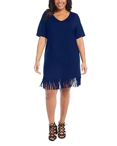 Karen Kane Plus V Neck Fringe Hem Dress In Navy