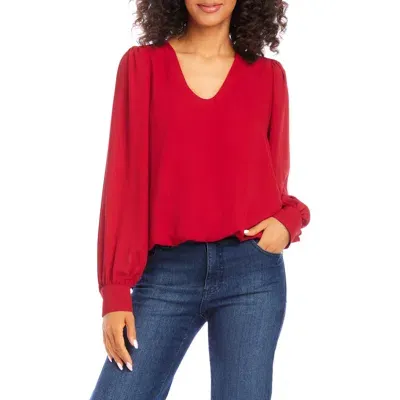 Karen Kane Puff Sleeve V-neck Crepe Top In Red