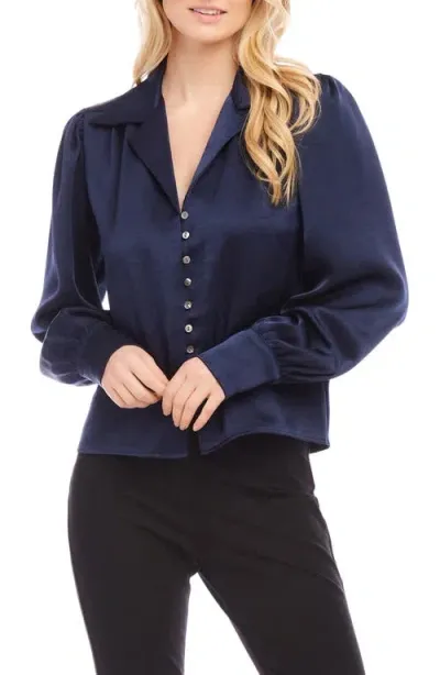 Karen Kane Satin Button-up Shirt In Navy