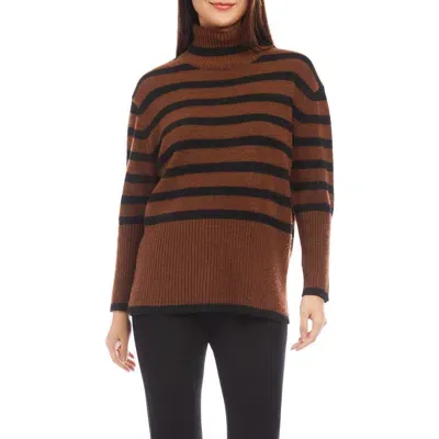 Karen Kane Stripe Turtleneck Sweater In Cognac/black