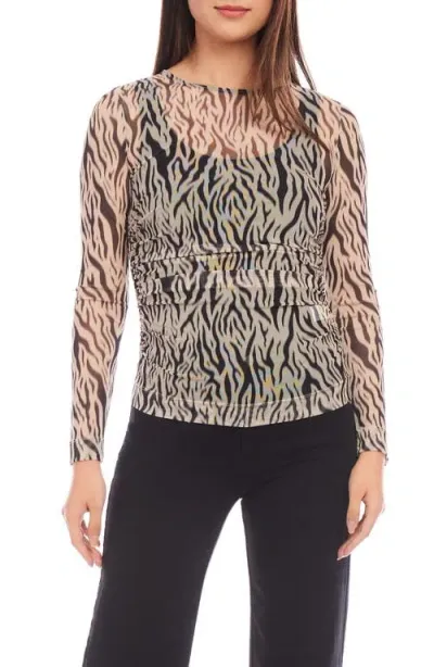 Karen Kane Zebra Print Side Ruched Sheer Mesh Top In Tan/black