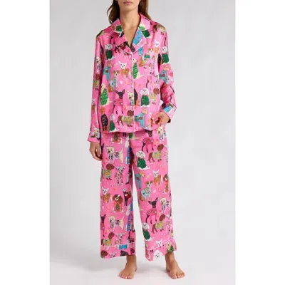 Karen Mabon Christmas Dogs Satin Pajamas In Dark Pink