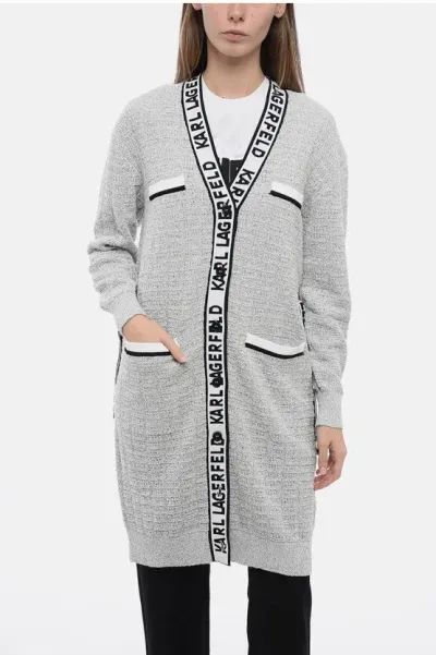 Karl Lagerfeld Boucle' Fabric Feminine Cardigan With Logoed Bands In Gray