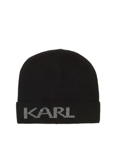 Karl Lagerfeld Logo Intarsia Knitted Beanie In Black