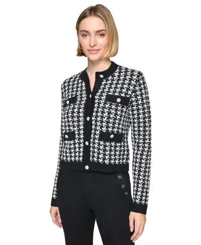 Karl Lagerfeld Houndstooth Cardigan In Black,soft White