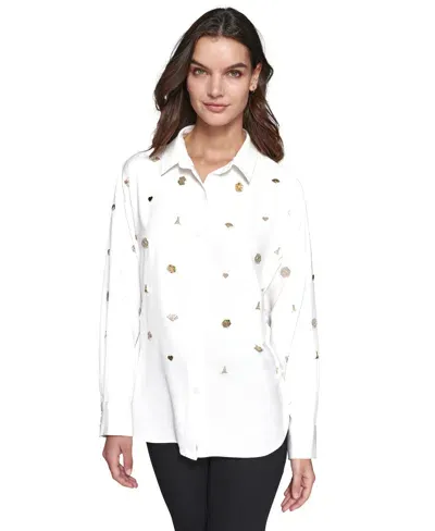 Karl Lagerfeld Women's Embellished Button-front Top In Soft White