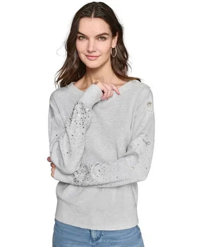 Karl Lagerfeld Women's Rhinestone-trim Crewneck Sweater In Light Heather Silver