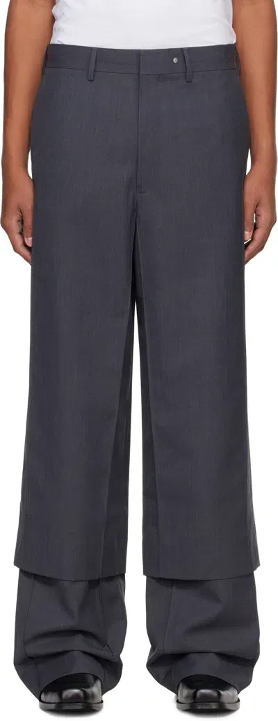 Karmuel Young Gray Double Layered Cuboid Wool Wide Trousers In Grey