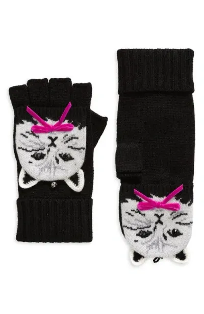 Kate Spade New York Pretty Kitty Pop Top Merino Wool Mittens In Black