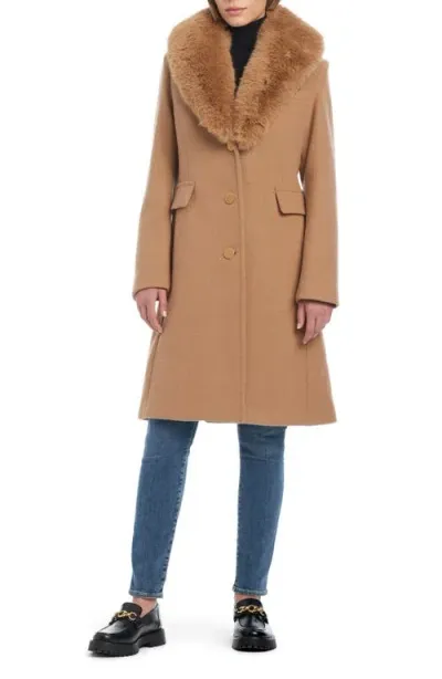 Kate Spade New York Wool Blend Coat With Removable Faux Fur Collar In Camel